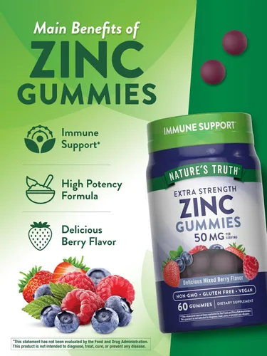 Vista 5 de Nature's Truth Gomitas de zinc para adultos 50 mg 60 unidades Suplemento extra fuerte vegano, sin OMG y sin gluten Sabor mixto de bayas