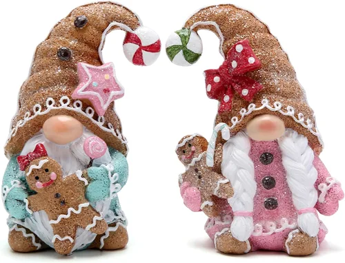 Vista 5 de Hodao Figuras de resina de gnomos de Navidad con sombreros rojos y diseño de copo de nieve, bonita estatua coleccionable para decoración de mesa