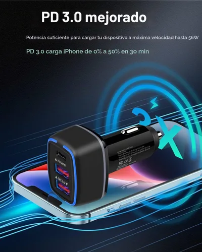 Vista 3 de Cargador de coche de 56W PD USB C, bloque de carga súper rápido de 3