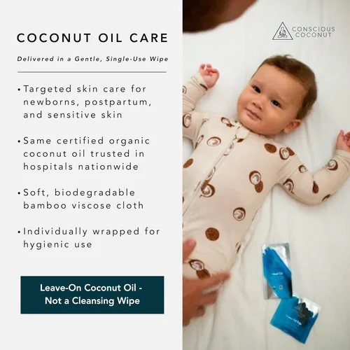 Vista 2 de Toallitas de aceite de coco orgánico para bebés y posparto, sin fragancia, envueltas individualmente, toallitas de bambú biodegradables