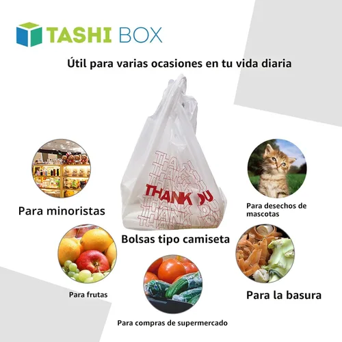 Vista 5 de TashiBox, bolsas reutilizables con inscripción Thank You. Medidas: 11.5 x 6.25 x 21 pulgadas, 15 mic, 0.6 mil. Cantidad: 308