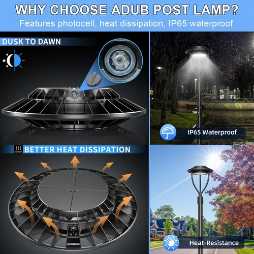 Vista 7 de ADUB Luz de poste LED con fotocélula de 60 W, 48 W, 36 W, luces superiores de poste de 3000 K, 4000 K, 5000 K, potencia ajustable y CCT, lámpara