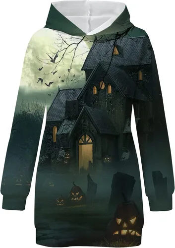 Vista 3 de Disfraz de Halloween para mujer, para otoño e invierno, sudadera con capucha, vestido estampado para 2022