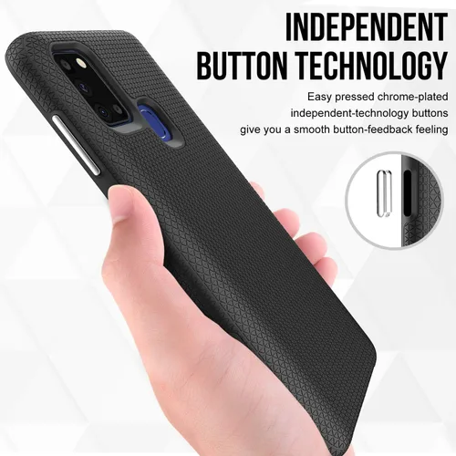 Vista 3 de Funda para Samsung Galaxy A21S, doble capa, agarre mejorado, arañazos, textura rígida, botón independiente (negro)