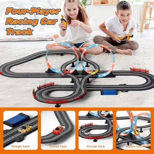 Vista 2 de Slot Car Race Track a escala 1:43 para niños, pistas LED eléctricas, doble carreras, 4 autos con faros, juguete grande, juego de pistas de regalo