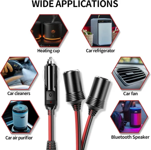 Vista 6 de Energeaster Divisor de encendedor de cigarrillos de coche de 16 pulgadas de 1 a 2 con luz LED, enchufe de 12 V 24 V, divisor de 2 vías Y, cable