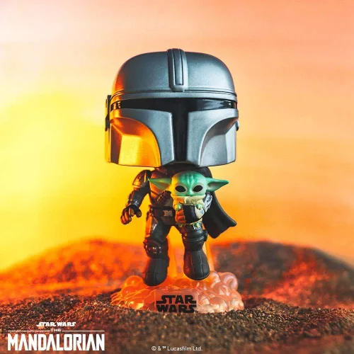 Vista 3 de POP! Funko Star Wars The Mandalorian - Figura de vinilo Mandalorian Flying with Child con protector POP