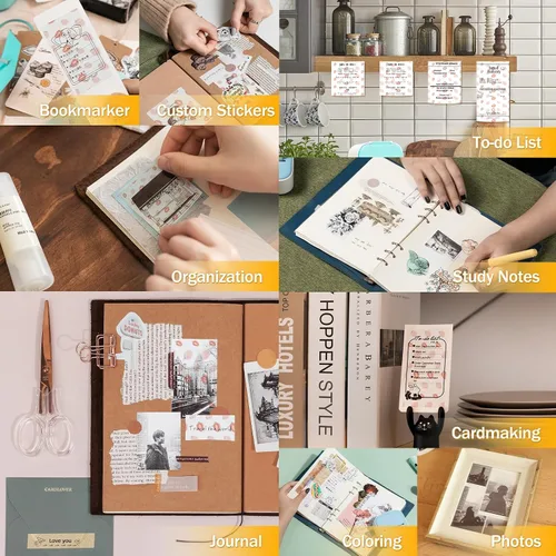 Vista 8 de Ponek Papel térmico púrpura/verde/naranja, papel de impresora adhesivo de 20 años de 1.76 pulgadas x 1.4 pies para diario, fotos, textos, notas