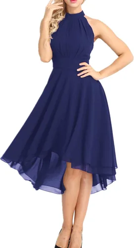 Vista 5 de TSSOE Vestido acampanado sin mangas con cuello halter para mujer, vestido de cóctel alto y bajo, vestido de fiesta de regreso a casa