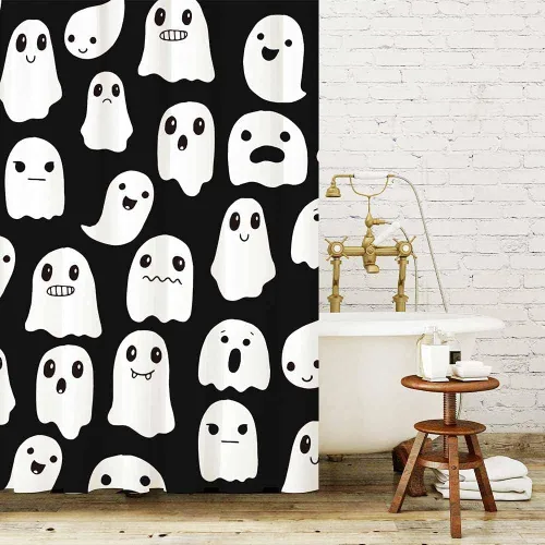 Vista 3 de Cortina de ducha fantasma de Halloween de 72 x 72 pulgadas, espeluznante y divertida, iconos de fantasmas de dibujos animados, tela blanca y negra, 1