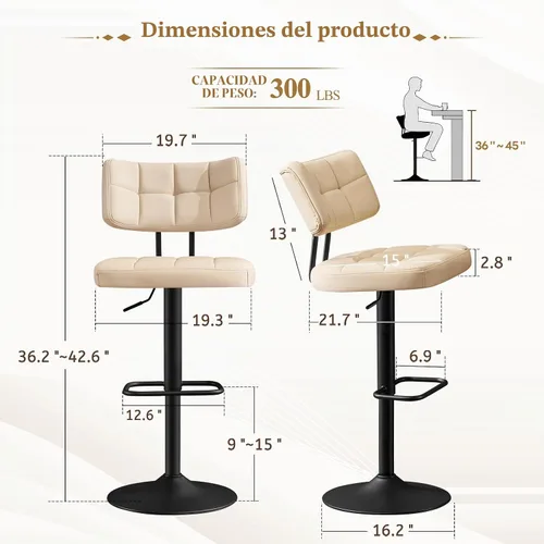 Vista 3 de Furniliving Juego de 2 Taburetes de Bar Modernos de Cuero Sintético, Taburetes Giratorios Tapizados con Respaldo, Sillas de Bar Ajustables de Altura