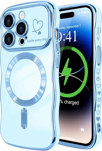 Vista 80 de LCHULLE - Funda magnética para iPhone 13 para mujeres y niñas, con forma ondulada, color azul bebé [Compatible with MagSafe] Cute Curly Wave, Love