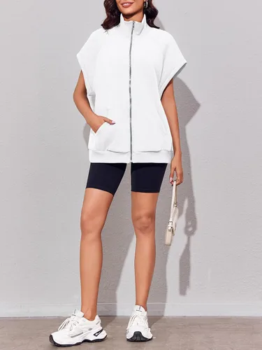 Vista 4 de Fisoew Sudaderas con cremallera para mujer, sin mangas, de gran tamaño, casual, color liso, con bolsillos