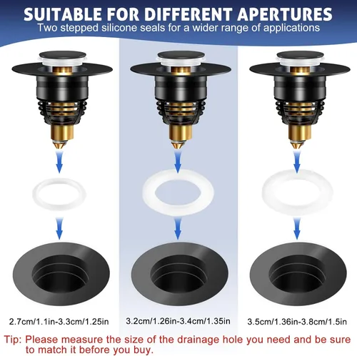 Vista 5 de AURUZA Paquete de 2 tapones universales para lavabo de baño, colador para filtro de drenaje desplegable tipo bala de 1.1 a 1.5 pulgadas, convertidor