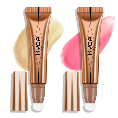 Vista 19 de KYDA Varita iluminadora líquida, iluminador facial brillante para construir, resaltador brillante, bronceador, cobertura suave mezclable con Dorado