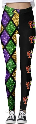 Vista 3 de Traje de Mardi Gras para mujer, leggings de Mardi Gras, con lentejuelas, bloque de color, gráfico, carnaval, festival, fiesta, pantalones de yoga