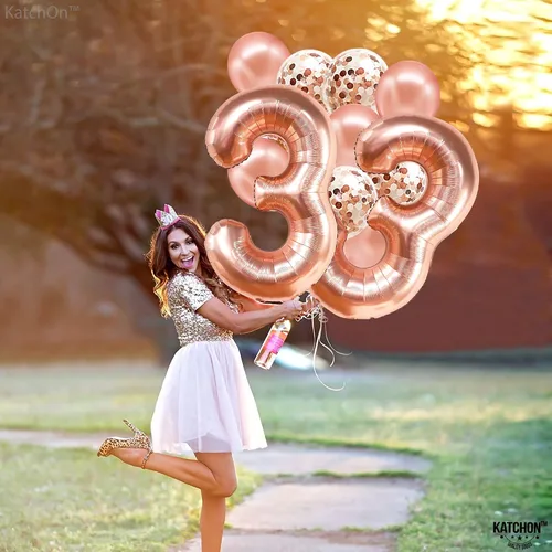 Vista 7 de KatchOn, Globos de oro rosa con el número 33, 40 pulgadas, decoraciones de cumpleaños número 33 para mujer, globo de cumpleaños 33 con globos