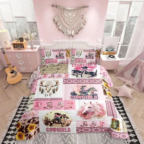Vista 24 de Feelyou, juego de ropa de cama estilo vaquero tamaño individual para niños, juego de edredón occidental para niños y niñas, desierto del lejano