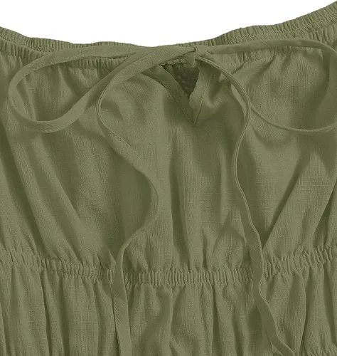 Vista 5 de SheIn - Vestido corto de manga corta con fruncido acampanado vestido con volantes vestidos cortos con cuello cuadrado y cinta para anudar