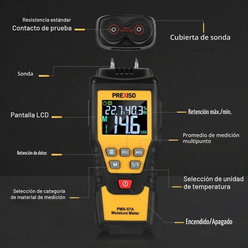 Vista 6 de PREXISO Medidor de Humedad de Madera - Medidor de Humedad Digital 7 en 1 para Leña, Carpintería, Paredes, Hogar, Yeso, Papel, Piso - Lector