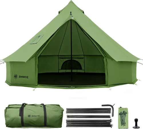 Vista 16 de Tienda de campaña Bell Yurt con gato de estufa, tienda de campaña de lujo impermeable para 4 estaciones, tela Oxford 420D, tiendas de campaña verde