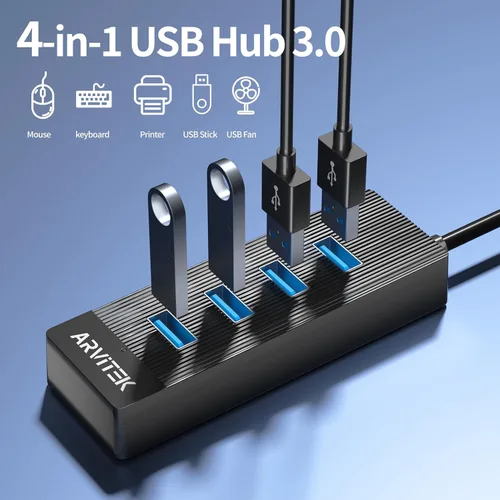 Vista 2 de Hub USB 3.0 de 4 puertos para escritorio, concentrador USB de 5 Gbps, adaptador multipuerto USB, divisor USB con cable de 5 pies de largo