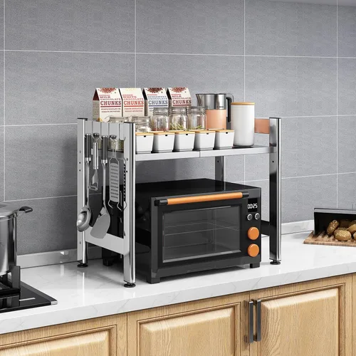 Vista 2 de Estante extensible para horno microondas de 2 niveles para encimera de acero inoxidable Heavy-duty adjustable microwave stand countertop organizer