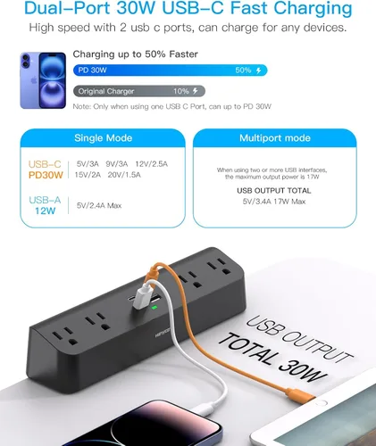 Vista 3 de Regleta de alimentación con abrazadera de escritorio con PD30W USB-C, cable de extensión HANYCONY de 5 pies, estación de carga de montaje