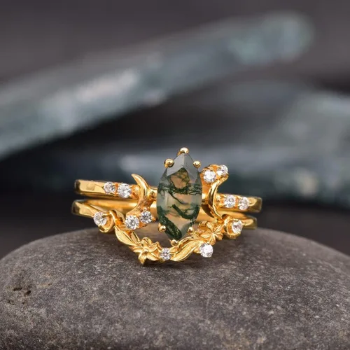 Vista 2 de DREAMSOFDAZZLE - Anillo de compromiso para mujer, diseño de luna de mi vida, corte marquesa, ágata musgo, juego de anillos de compromiso de novia