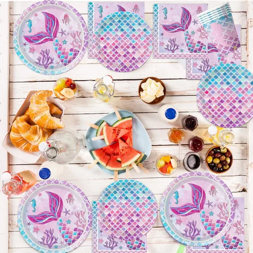 Vista 5 de Juego de 122 decoraciones para fiesta de cumpleaños de sirena, incluye platos, servilleta, tenedor, taza, mantel, pancarta para baby shower