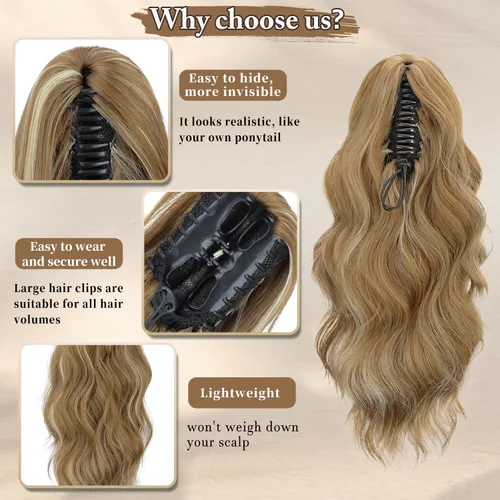 Vista 4 de FREEMEIGE Extensión de cola de caballo con clip de garra para mujer, extensiones de cabello sintético corto ondulado de cola de caballo de 16 27/613A