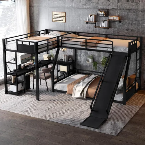 Vista 13 de Twin Size L-Shaped Gaming Loft Bed with Dual Built-in Desks，Black+Blue-P