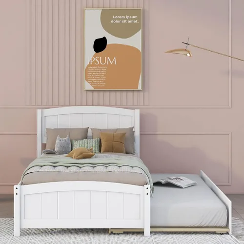 Vista 3 de Harper & Bright Designs Marco de cama individual, plataforma de madera con nido, cabecero, estribo y soporte de listones de madera (blanco)