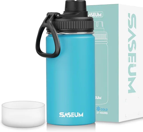 Vista 27 de SASEUM Botella de agua de acero inoxidable de 12 onzas, botella aislada sin BPA con tapa de boquilla a prueba de fugas, botella de metal de boca