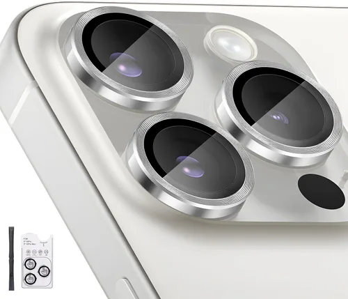 Vista 8 de Protector de lente de cámara para iPhone 16 Pro/iPhone 16 Pro Max, protector de lente de anillo de cámara de vidrio templado individual con bandeja