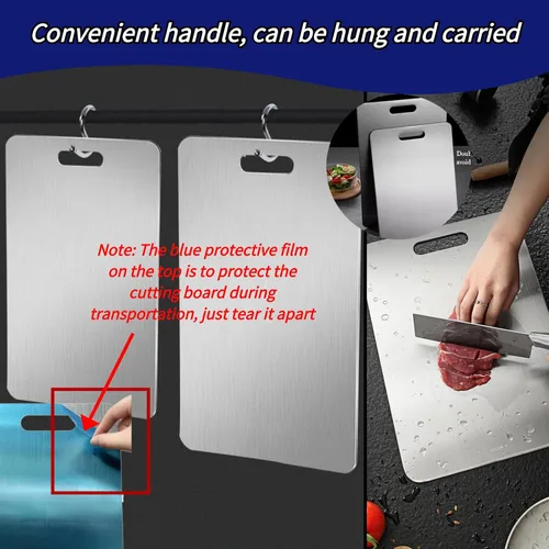 Vista 5 de Tablas de cortar de titanio para cocina, tabla de cortar de acero inoxidable de doble cara, diseño colgable, fácil de limpiar, duradera y resistente