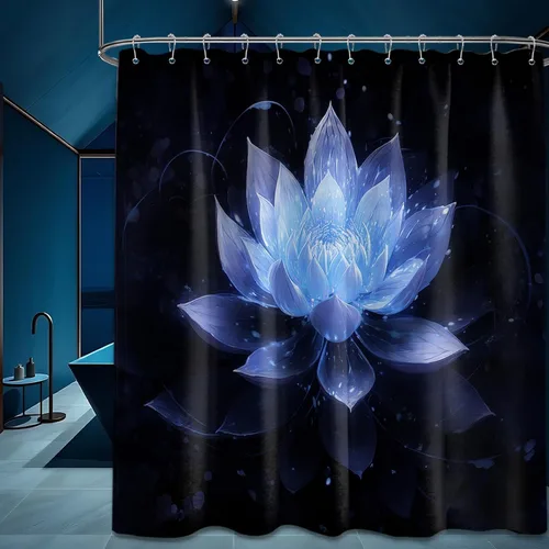 Vista 47 de Cortina de ducha con flores de loto negro y azul para decoración de baño, juego de cortinas decorativas de baño con estampado floral, tela