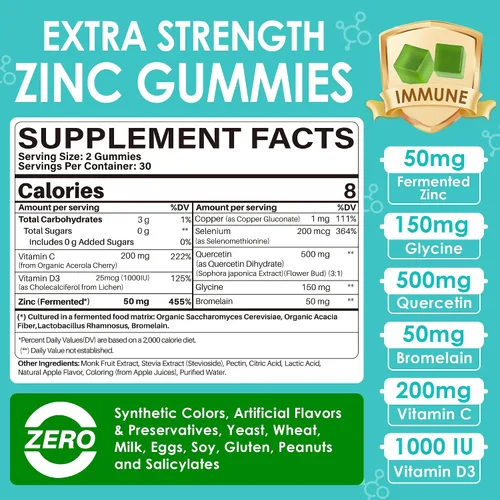 Vista 2 de Zinc Gummies 50mg + Quercetin & Bromelain, Vitamin C & D3, Copper, Selenium, Fermented Zinc Supplements for Women and Men for Immune Defense