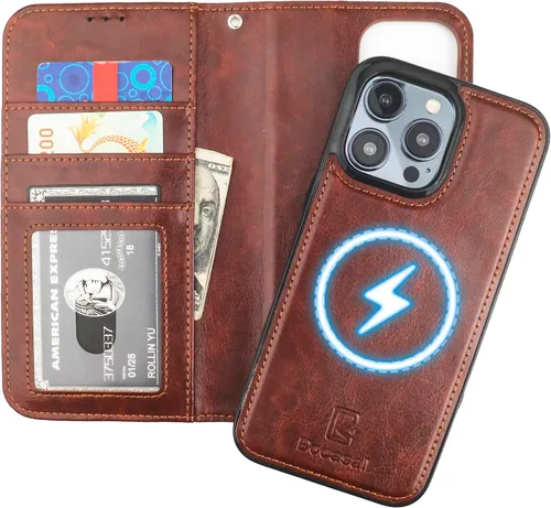 Vista 11 de Funda tipo cartera desmontable Bocasal para iPhone 15 Pro Max con bloqueo RFID, ranuras para tarjetas, soporte magnético, cuero PU premium, atril