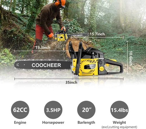 Vista 3 de COOCHEER Motosierras a gas de 62 CC, motosierra de gasolina de 20 pulgadas y 3.5 HP de 2 tiempos con tocones de árboles, extremidades, tala