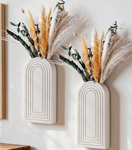 Vista 16 de DREAMLOOM Paquete de 2 jarrones de pared de madera con plantas artificiales de eucalipto, macetas para colgar en la pared, estilo bohemio y moderno