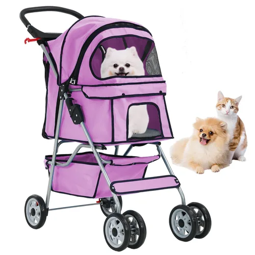 Vista 9 de Cochecito de perro de 4 ruedas, cochecito para mascotas, gatos, plegable, impermeable, con soporte para tazas y forro extraíble, cochecitos