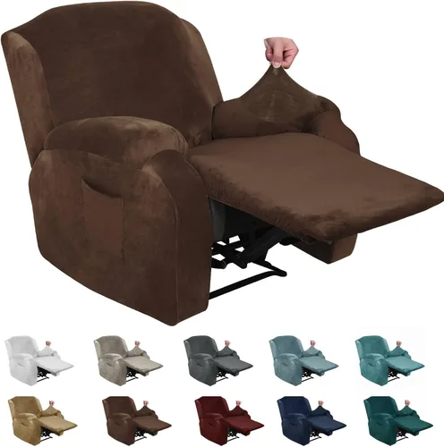 Vista 23 de MAXIJIN Funda reclinable de terciopelo de 4 piezas, funda elástica de felpa suave para silla reclinable, gruesa y suave, funda para silla Beige
