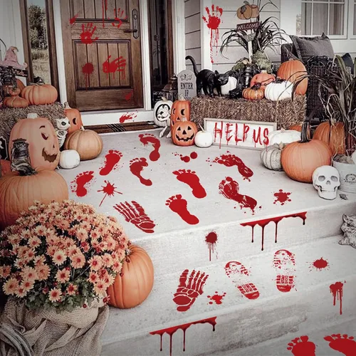 Vista 4 de Calcomanías de suelo con huella de mano sangrienta, calcomanías de pared de tamaño real, decoraciones de ventana de Halloween aterradoras
