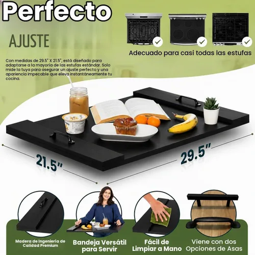 Vista 2 de Cubierta para estufa de tabla de fideos con asas, cubierta superior de estufa eléctrica y de gas de madera rústica, decoración de cocina de granja