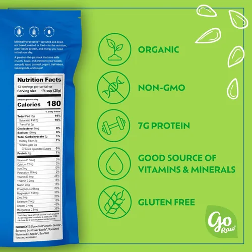 Vista 2 de Semillas germinadas y orgánicas mixtas Go Raw, 13 oz, sin sal, Keto, Kosher, superalimento