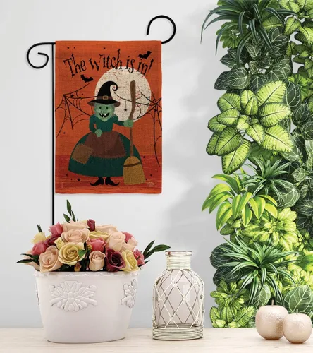 Vista 9 de Juego de banderas de Halloween con estacas de jardín, cartel de arpillera para puerta, soporte de pared, tumba, porche, tapiz al aire libre, bruja