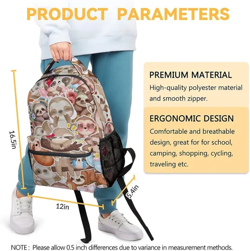 Vista 3 de Mochila de perezoso para niñas y niños, mochilas de 16 pulgadas para la escuela, linda, correas ajustables, duradera, ligera, perezoso3, Classic