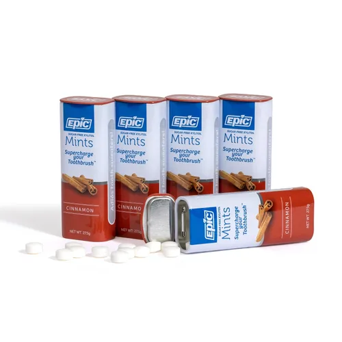 Vista 8 de Epic Mentas de Xilitol 100% - Sin Aspartamo, Sin Azúcar - Mentas con Sabor a Canela, 55 Piezas (Paquete de 5) 100% xilitol; sin OGM; vegano; apoya