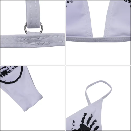 Vista 102 de AIBEARTY Traje de baño de dos piezas con estampado de calaveras para mujer, conjunto de bikini triangular de corte alto para fiesta, festival